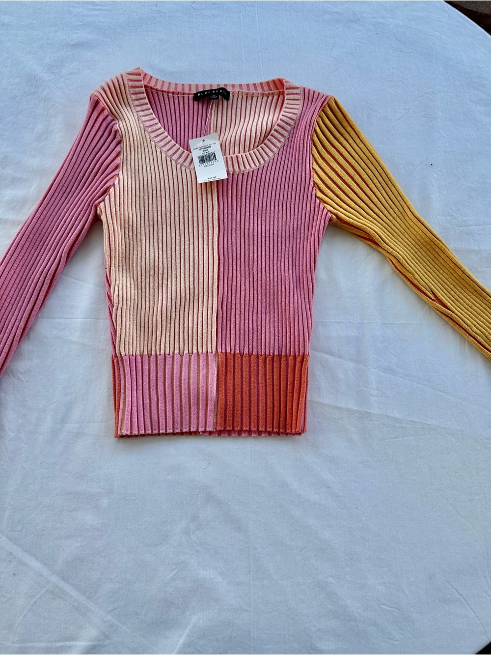 Blue Blush Colorblock Ribbed Scoop Neck Sweater - Pink, Peach & Mustard